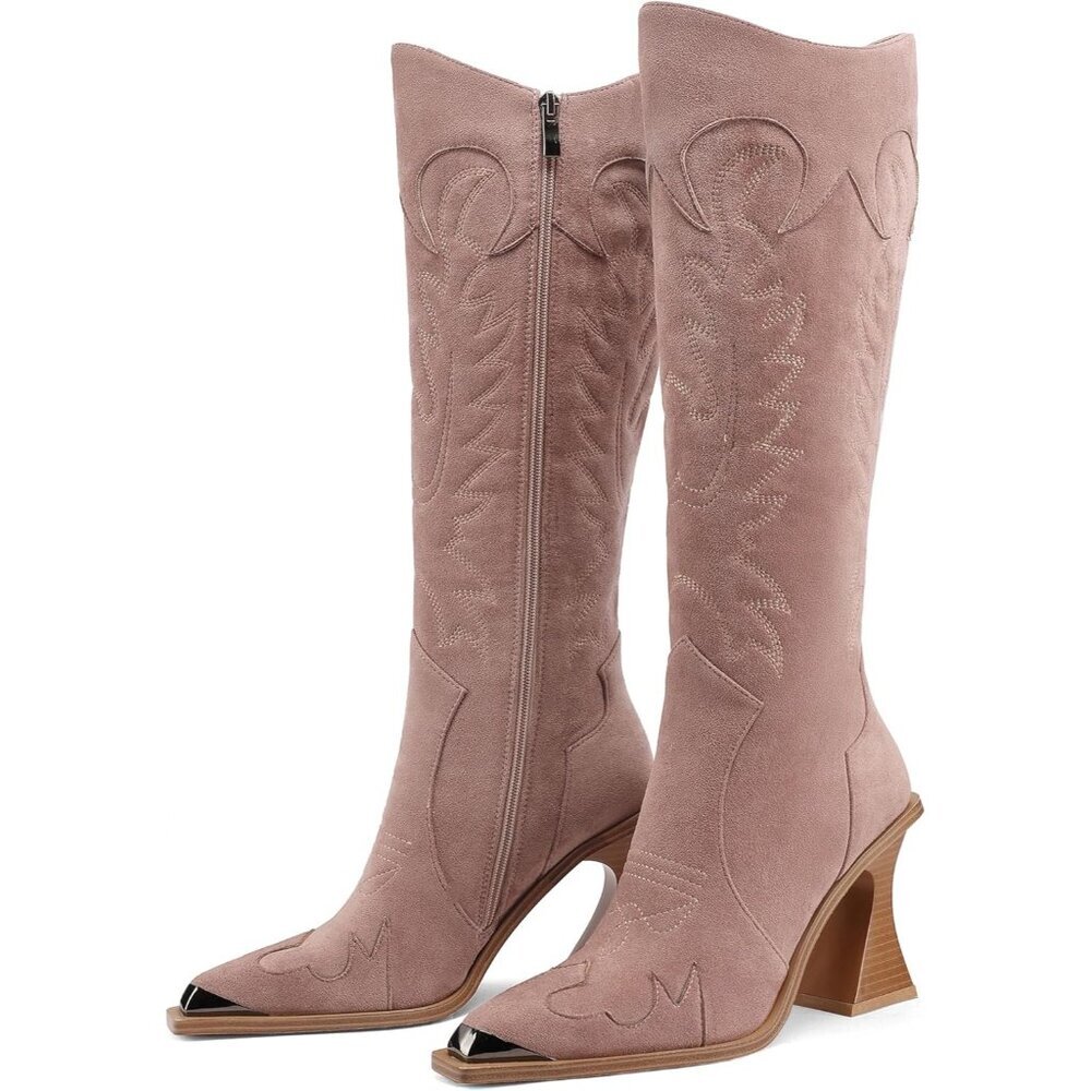 Women’s Pink Knee High Western Cowgirl Boots Embroidered  with Side Zipper